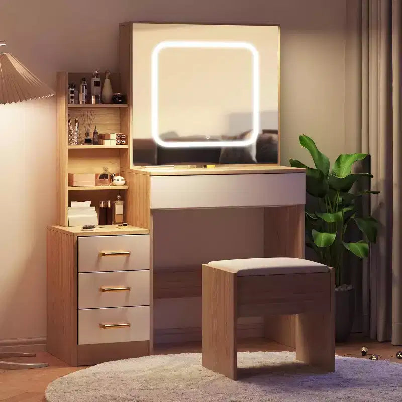 Modern Vanity Desk, Makeup Vanity Desk With Sliding Mirror, Dressing Table With 4 Drawers, Storage Shelves & Stool for Bedroom, Cloakroom