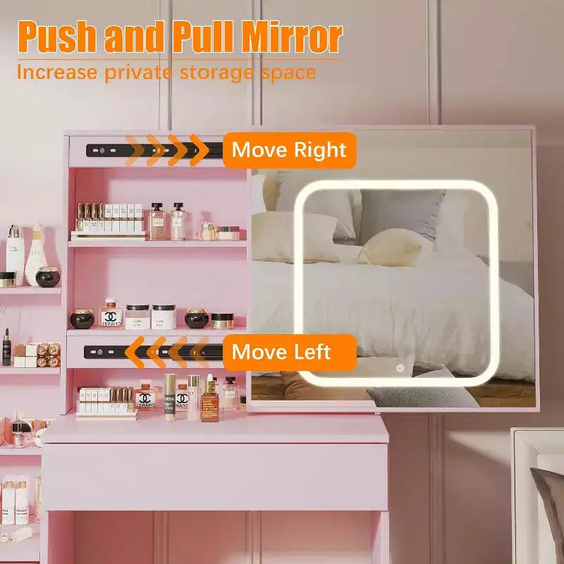 Modern Vanity Desk, Makeup Vanity Desk With Sliding Mirror, Dressing Table With 4 Drawers, Storage Shelves & Stool for Bedroom, Cloakroom