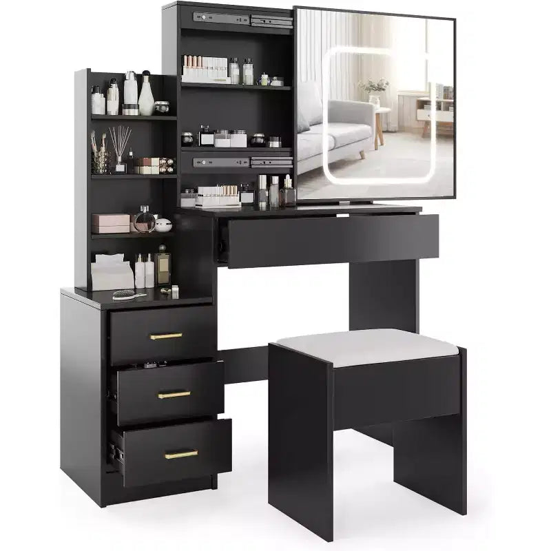Modern Vanity Desk, Makeup Vanity Desk With Sliding Mirror, Dressing Table With 4 Drawers, Storage Shelves & Stool for Bedroom, Cloakroom