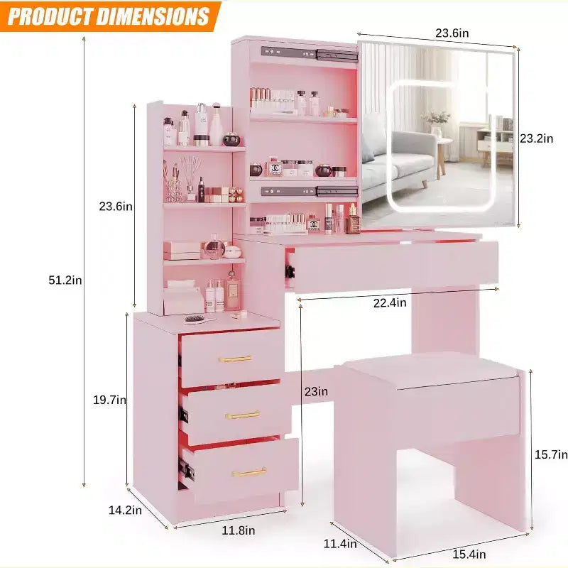 Modern Vanity Desk, Makeup Vanity Desk With Sliding Mirror, Dressing Table With 4 Drawers, Storage Shelves & Stool for Bedroom, Cloakroom