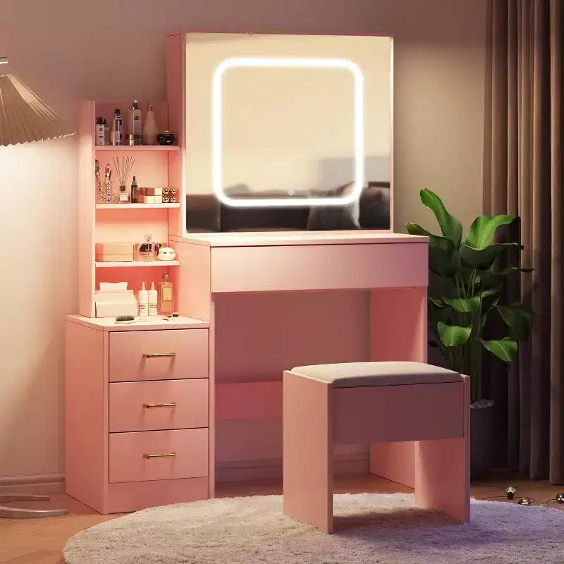 Modern Vanity Desk, Makeup Vanity Desk With Sliding Mirror, Dressing Table With 4 Drawers, Storage Shelves & Stool for Bedroom, Cloakroom