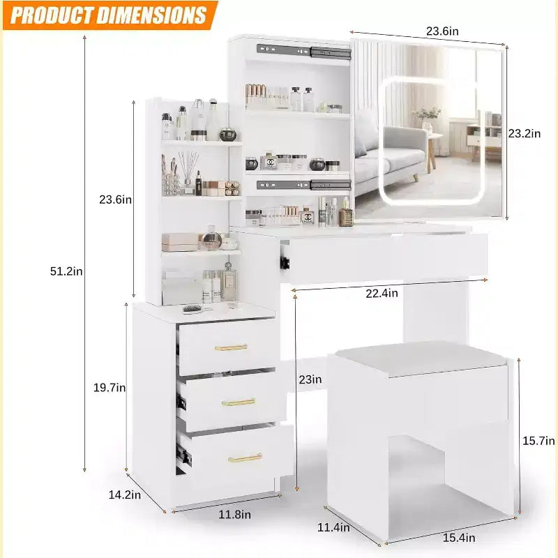 Modern Vanity Desk, Makeup Vanity Desk With Sliding Mirror, Dressing Table With 4 Drawers, Storage Shelves & Stool for Bedroom, Cloakroom