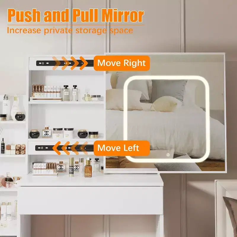 Modern Vanity Desk, Makeup Vanity Desk With Sliding Mirror, Dressing Table With 4 Drawers, Storage Shelves & Stool for Bedroom, Cloakroom