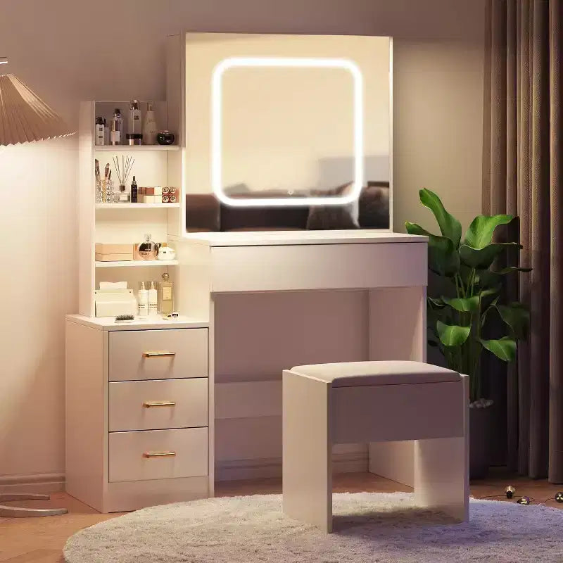 Modern Vanity Desk, Makeup Vanity Desk With Sliding Mirror, Dressing Table With 4 Drawers, Storage Shelves & Stool for Bedroom, Cloakroom
