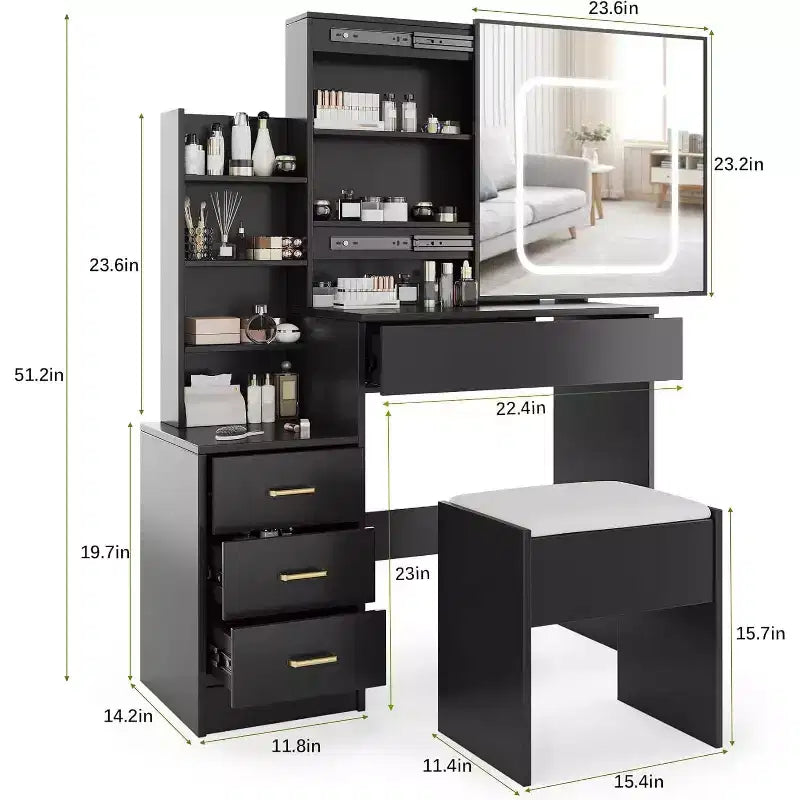 Modern Vanity Desk, Makeup Vanity Desk With Sliding Mirror, Dressing Table With 4 Drawers, Storage Shelves & Stool for Bedroom, Cloakroom