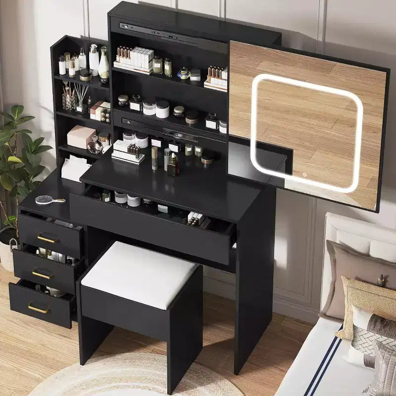 Modern Vanity Desk, Makeup Vanity Desk With Sliding Mirror, Dressing Table With 4 Drawers, Storage Shelves & Stool for Bedroom, Cloakroom