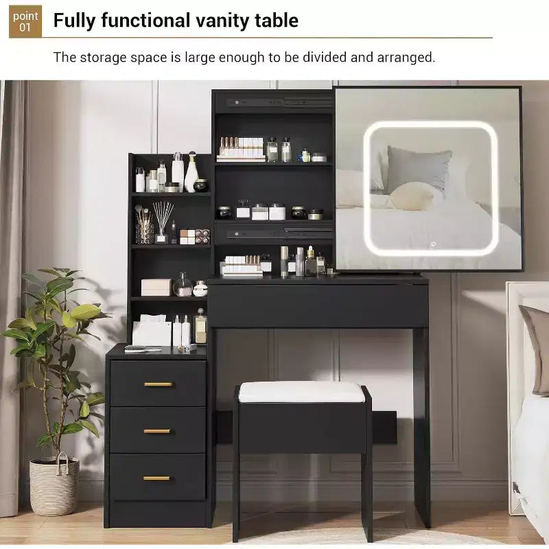 Modern Vanity Desk, Makeup Vanity Desk With Sliding Mirror, Dressing Table With 4 Drawers, Storage Shelves & Stool for Bedroom, Cloakroom