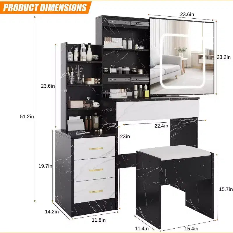 Modern Vanity Desk, Makeup Vanity Desk With Sliding Mirror, Dressing Table With 4 Drawers, Storage Shelves & Stool for Bedroom, Cloakroom