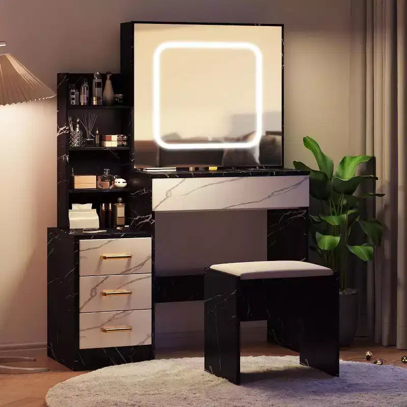 Modern Vanity Desk, Makeup Vanity Desk With Sliding Mirror, Dressing Table With 4 Drawers, Storage Shelves & Stool for Bedroom, Cloakroom