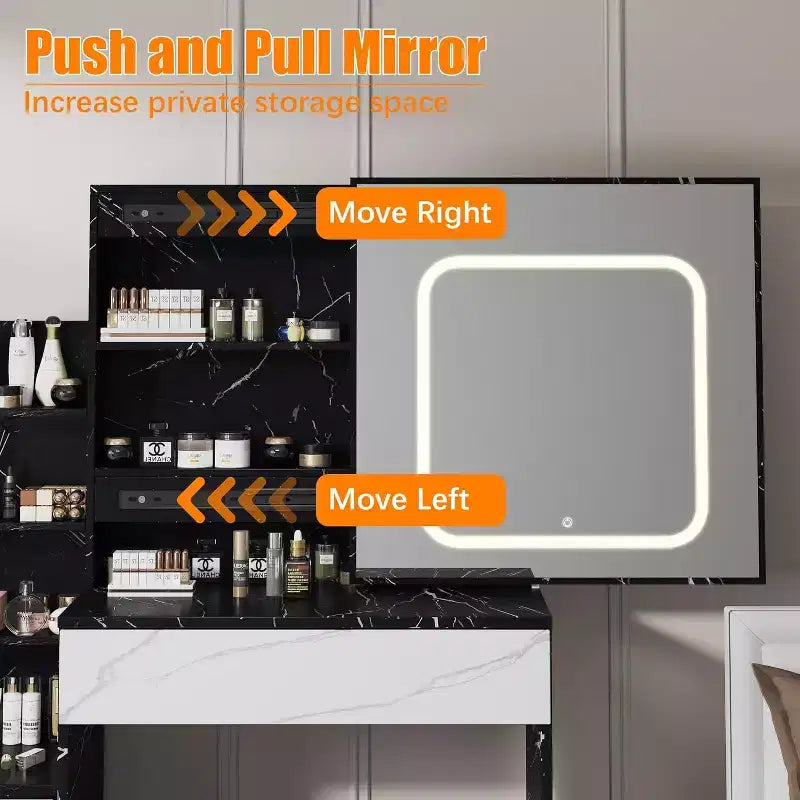 Modern Vanity Desk, Makeup Vanity Desk With Sliding Mirror, Dressing Table With 4 Drawers, Storage Shelves & Stool for Bedroom, Cloakroom
