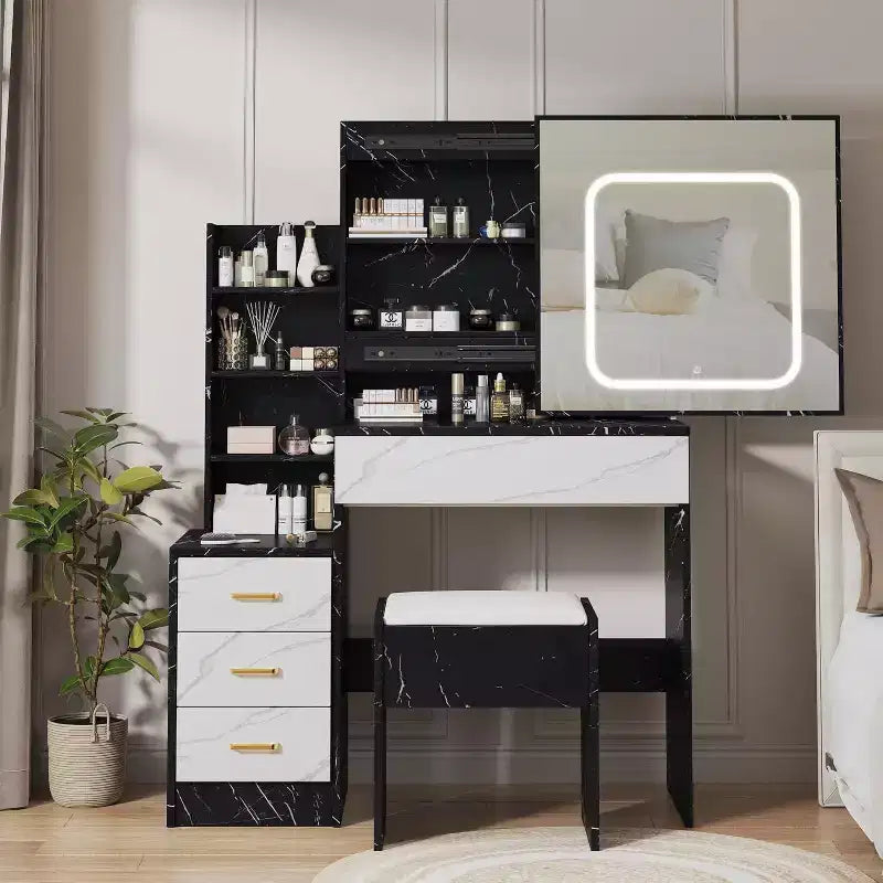 Modern Vanity Desk, Makeup Vanity Desk With Sliding Mirror, Dressing Table With 4 Drawers, Storage Shelves & Stool for Bedroom, Cloakroom