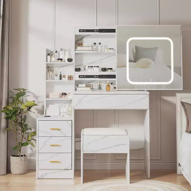 Modern Vanity Desk, Makeup Vanity Desk With Sliding Mirror, Dressing Table With 4 Drawers, Storage Shelves & Stool for Bedroom, Cloakroom