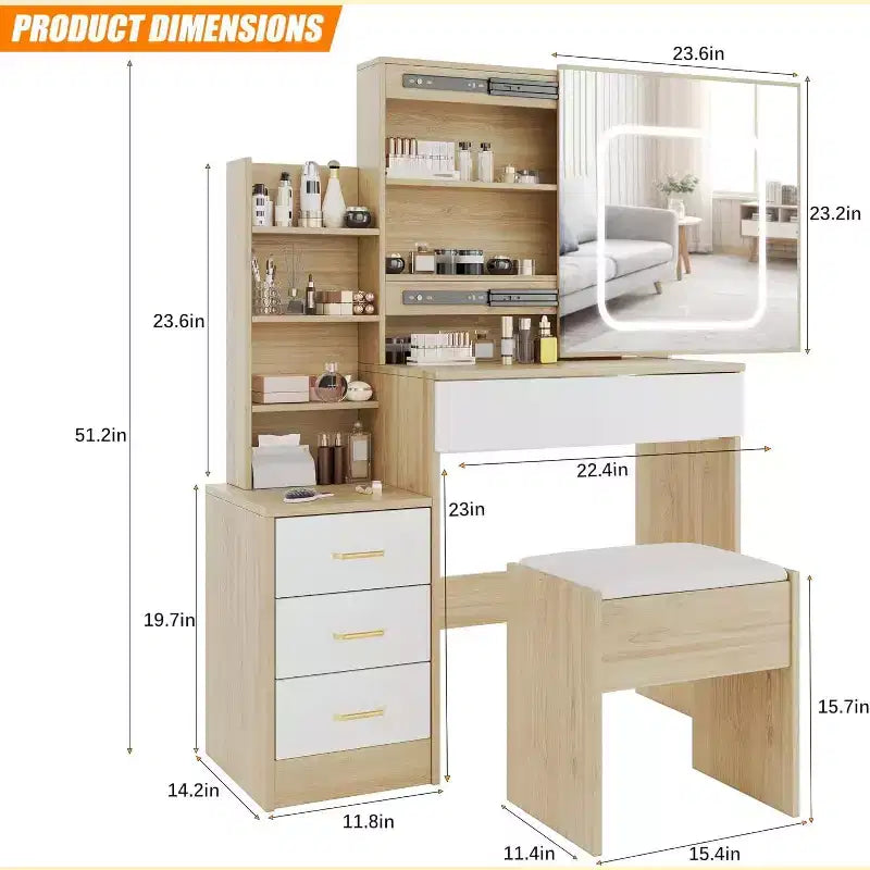 Modern Vanity Desk, Makeup Vanity Desk With Sliding Mirror, Dressing Table With 4 Drawers, Storage Shelves & Stool for Bedroom, Cloakroom