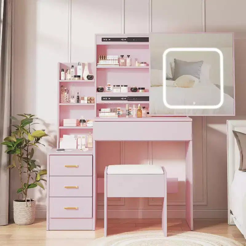 Modern Vanity Desk, Makeup Vanity Desk With Sliding Mirror, Dressing Table With 4 Drawers, Storage Shelves & Stool for Bedroom, Cloakroom