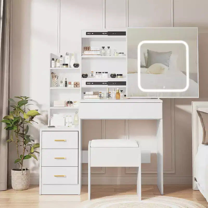 Modern Vanity Desk, Makeup Vanity Desk With Sliding Mirror, Dressing Table With 4 Drawers, Storage Shelves & Stool for Bedroom, Cloakroom