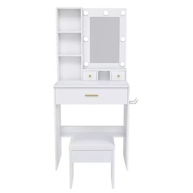 Vanity Table with Mirror & Adjustable LED Lights, Power Outlet, Hairdryer Holder & Stool Compact Dressing Desk for Small Bedrooms(White)