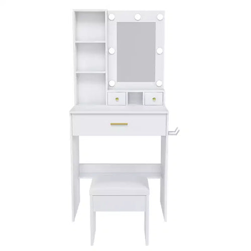 Vanity Table with Mirror & Adjustable LED Lights, Power Outlet, Hairdryer Holder & Stool Compact Dressing Desk for Small Bedrooms(White)