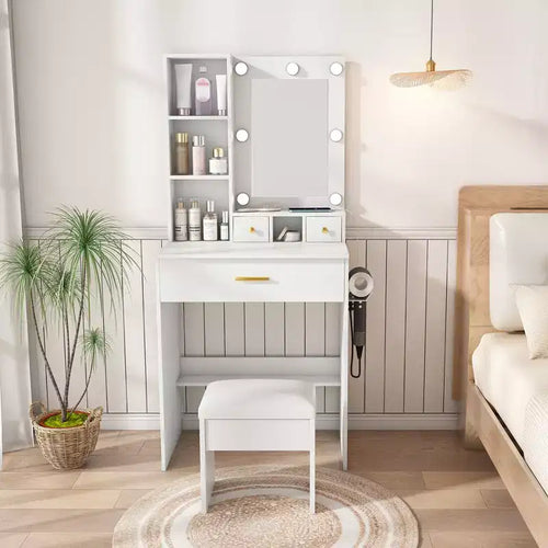 Vanity Table with Mirror & Adjustable LED Lights, Power Outlet, Hairdryer Holder & Stool Compact Dressing Desk for Small Bedrooms(White)