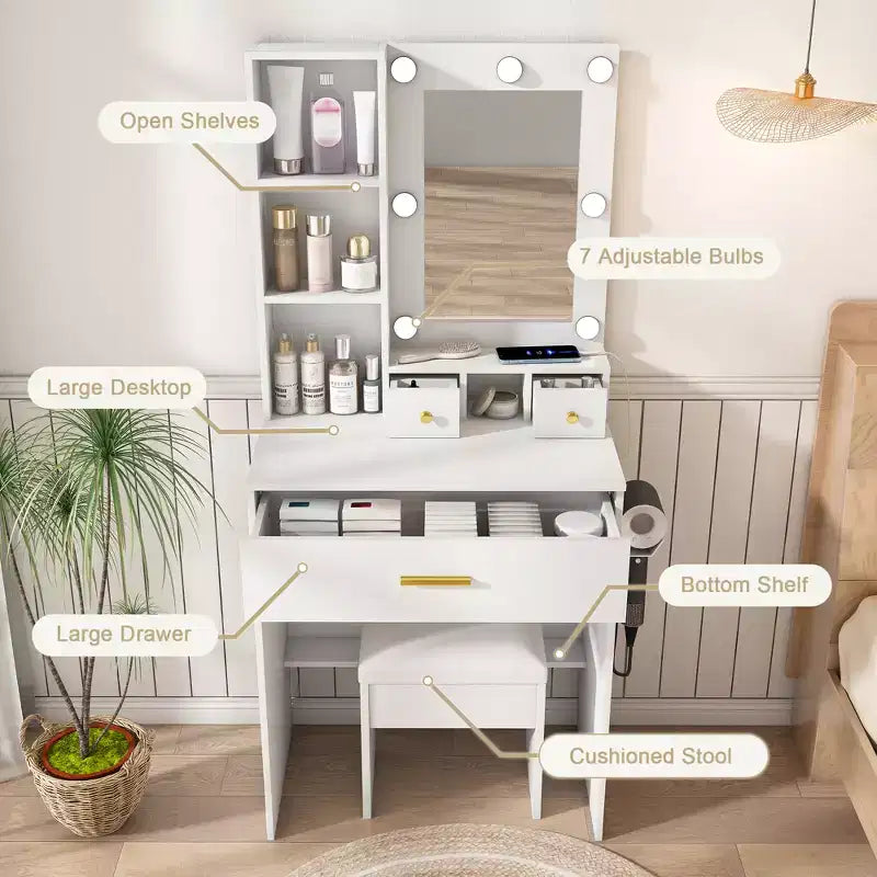 Vanity Table with Mirror & Adjustable LED Lights, Power Outlet, Hairdryer Holder & Stool Compact Dressing Desk for Small Bedrooms(White)