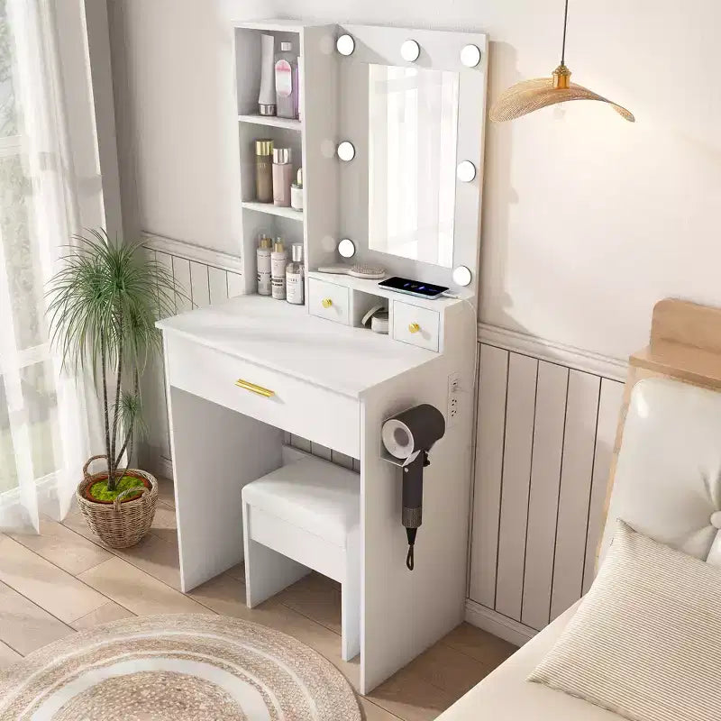 Vanity Table with Mirror & Adjustable LED Lights, Power Outlet, Hairdryer Holder & Stool Compact Dressing Desk for Small Bedrooms(White)