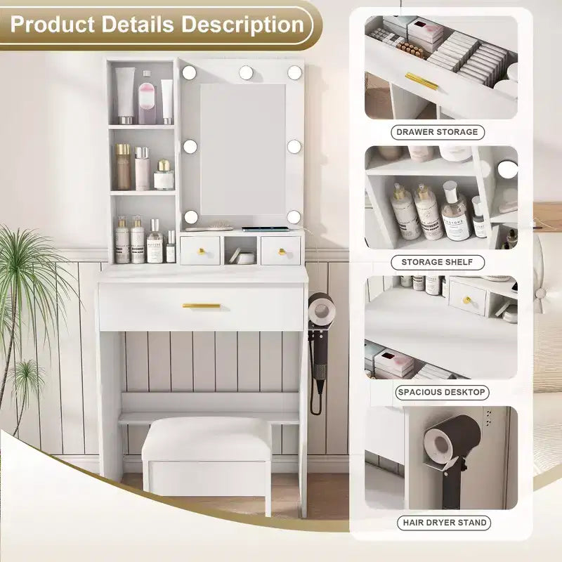 Vanity Table with Mirror & Adjustable LED Lights, Power Outlet, Hairdryer Holder & Stool Compact Dressing Desk for Small Bedrooms(White)