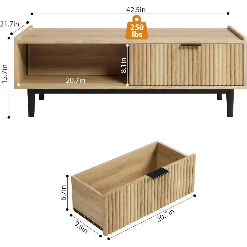Fluted Coffee Table 42.5 Coffee Table with Drawer, Mid Century Modern Center Tables Light Wood Living Room Tables