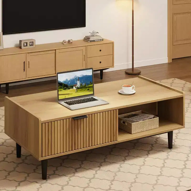 Fluted Coffee Table 42.5 Coffee Table with Drawer, Mid Century Modern Center Tables Light Wood Living Room Tables
