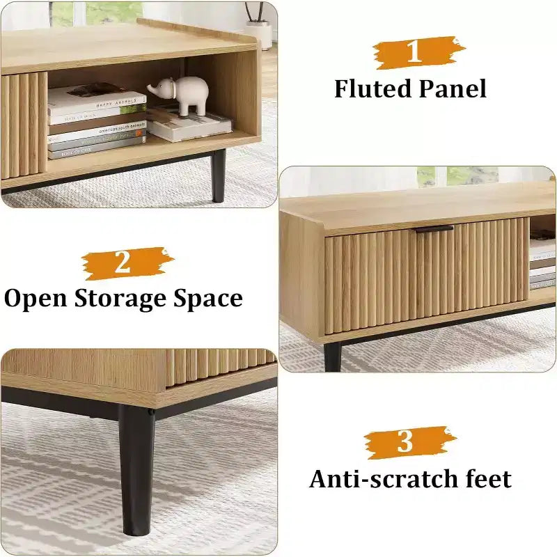 Fluted Coffee Table 42.5 Coffee Table with Drawer, Mid Century Modern Center Tables Light Wood Living Room Tables