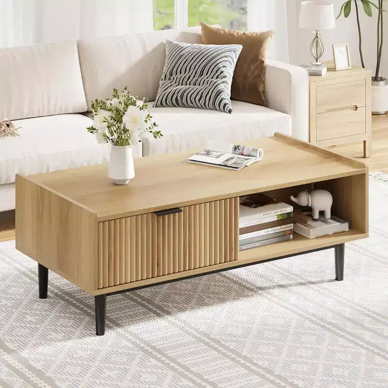 Fluted Coffee Table 42.5 Coffee Table with Drawer, Mid Century Modern Center Tables Light Wood Living Room Tables