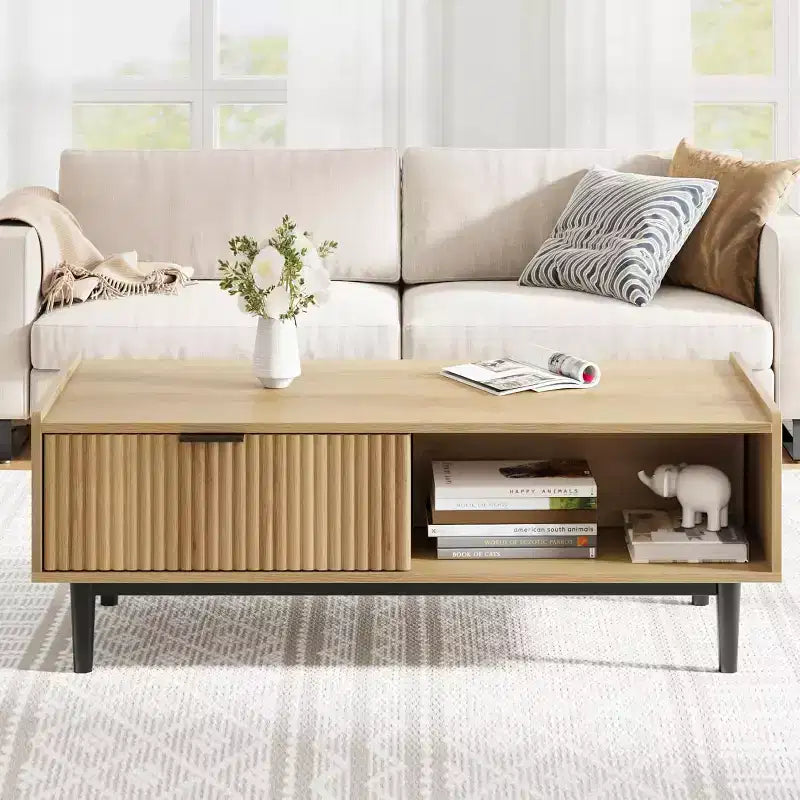 Fluted Coffee Table 42.5 Coffee Table with Drawer, Mid Century Modern Center Tables Light Wood Living Room Tables