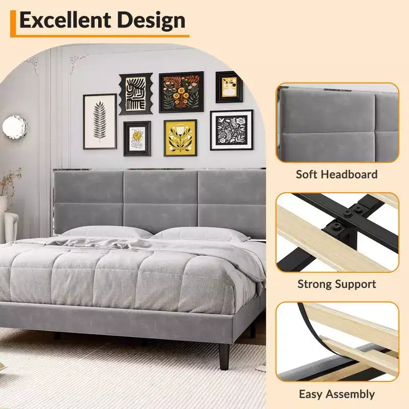 King Size Platform Bed Frame, Upholstered Bed Frame with Velvet Headboard, Wooden Slats Support, No Box Spring Required, Easy Assembly, Gray