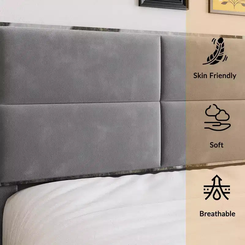 King Size Platform Bed Frame, Upholstered Bed Frame with Velvet Headboard, Wooden Slats Support, No Box Spring Required, Easy Assembly, Gray