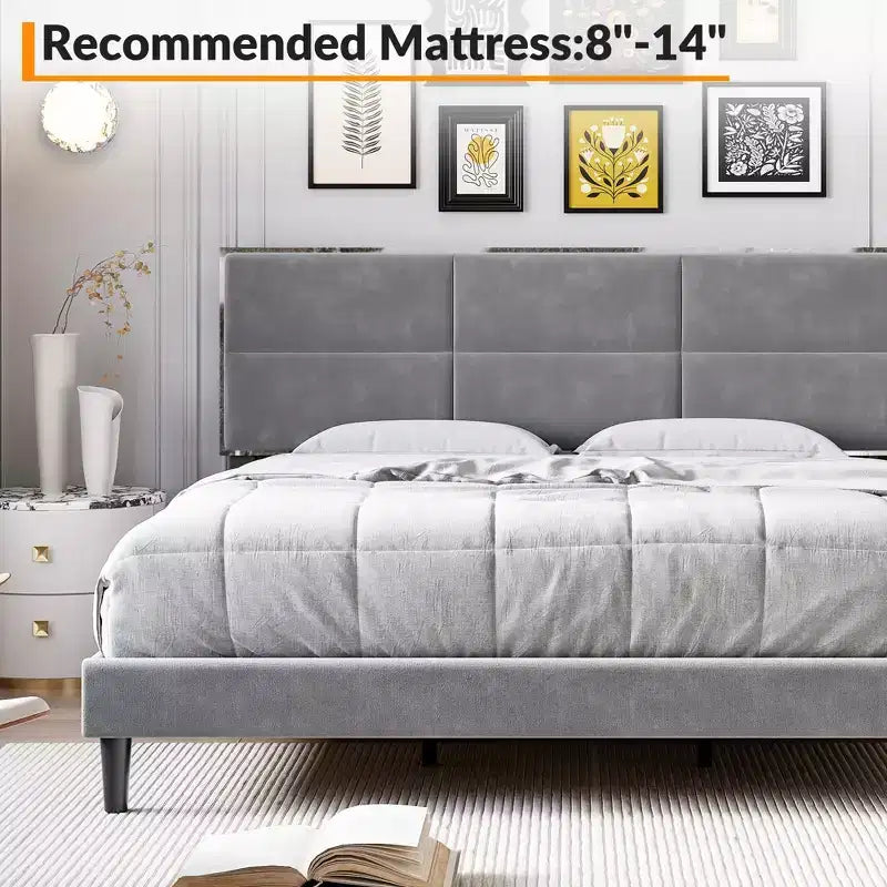 King Size Platform Bed Frame, Upholstered Bed Frame with Velvet Headboard, Wooden Slats Support, No Box Spring Required, Easy Assembly, Gray