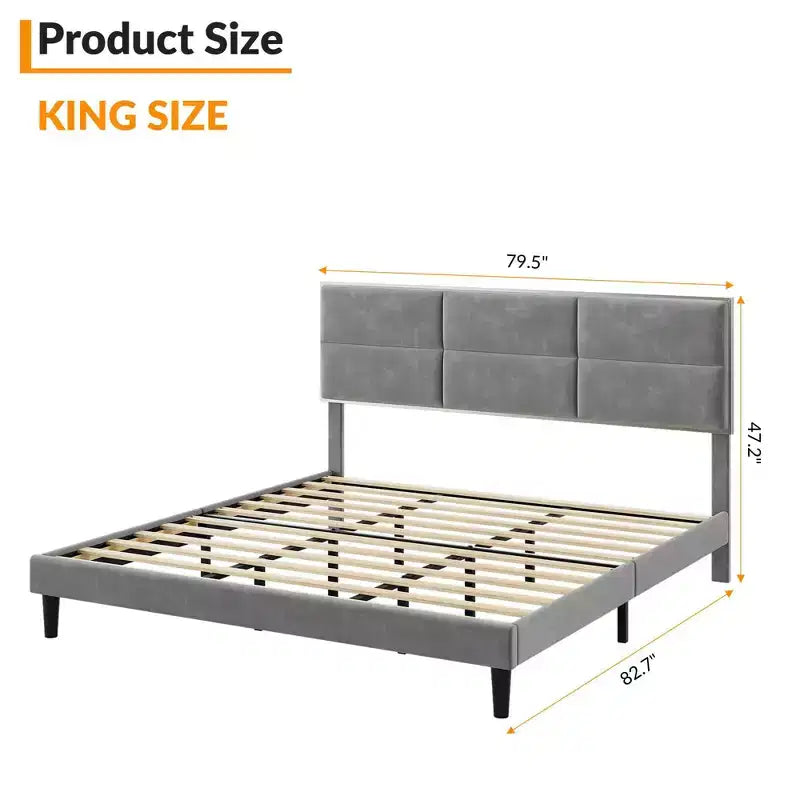 King Size Platform Bed Frame, Upholstered Bed Frame with Velvet Headboard, Wooden Slats Support, No Box Spring Required, Easy Assembly, Gray