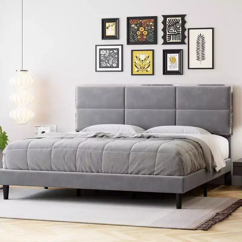 King Size Platform Bed Frame, Upholstered Bed Frame with Velvet Headboard, Wooden Slats Support, No Box Spring Required, Easy Assembly, Gray