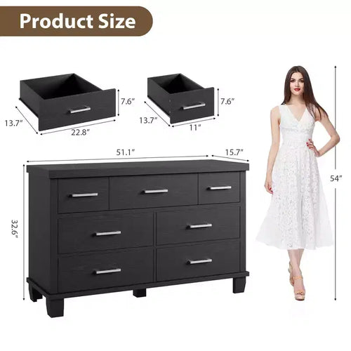 7 Drawers Wood Dresser for Bedroom, 51 Wide Storage Chest of Drawers, Modern Wooden Organizer with Metal Handles for Closet, Living Room