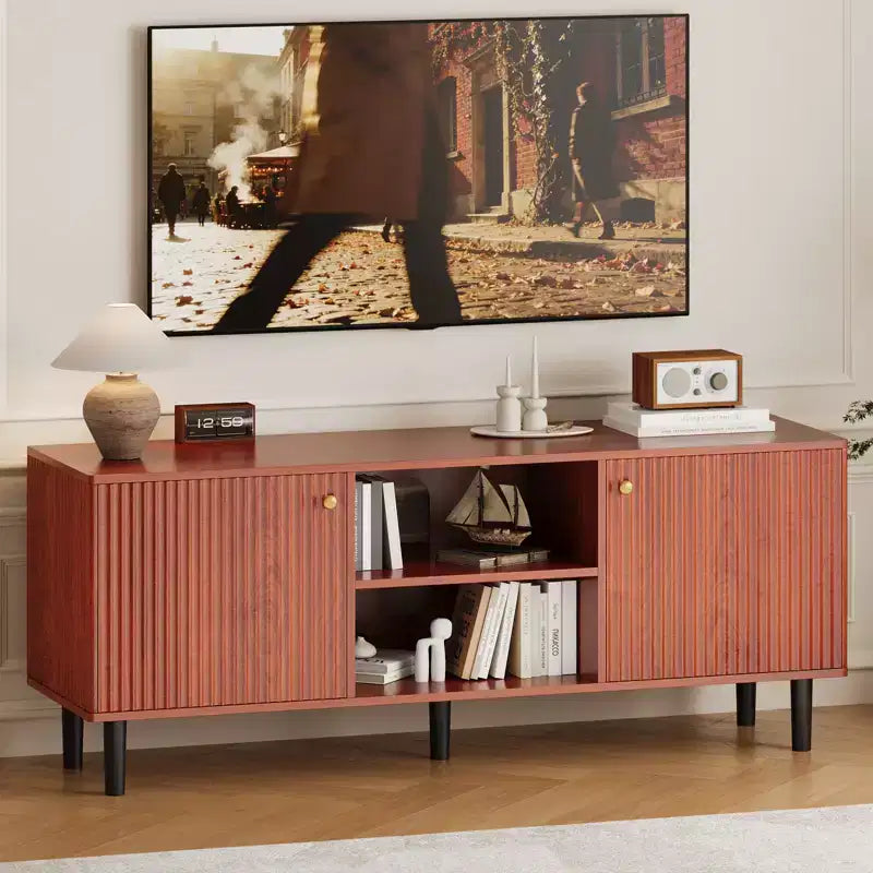 Garvee Fluted TV Stand for TVs up to 65in, Wooden Mid Century Entertainment Center 55in Long Media Console Table with 2 Doors Storage Adjustable Shelf