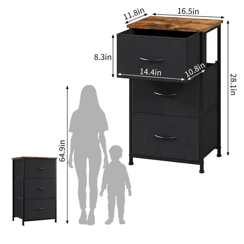 Slim 3-Drawer Dresser Modern Compact Storage Cabinet with Removable Fabric Bins Space-Saving Organizer for Bedroom, Closet, Apartment