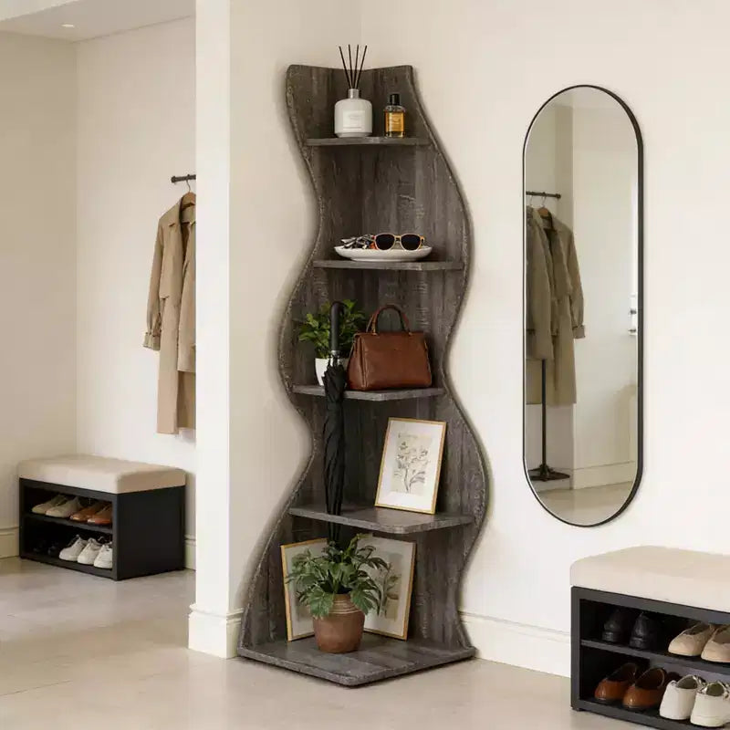 NAYSAYE Stylish Corner Bookshelf 5 Tier Universal Display Shelf Modern Wood Storage Rack for Living Room Office, 19.7*18.91*70.53
