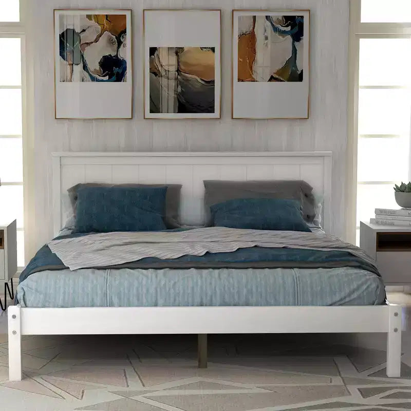 FAMYYT Full Size Platform Bed With Headboard, Easy Assembly, White