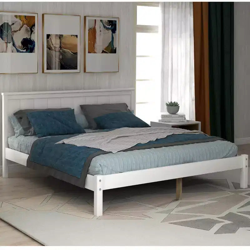 FAMYYT Full Size Platform Bed With Headboard, Easy Assembly, White