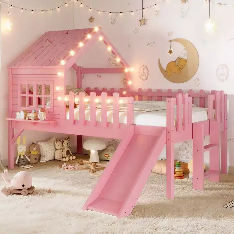 GDFStudio Flynn Modern Wooden House Loft Bed with Slide, Ladder, LED Roof Lights and Safety Rails