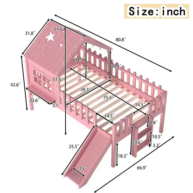 GDFStudio Flynn Modern Wooden House Loft Bed with Slide, Ladder, LED Roof Lights and Safety Rails