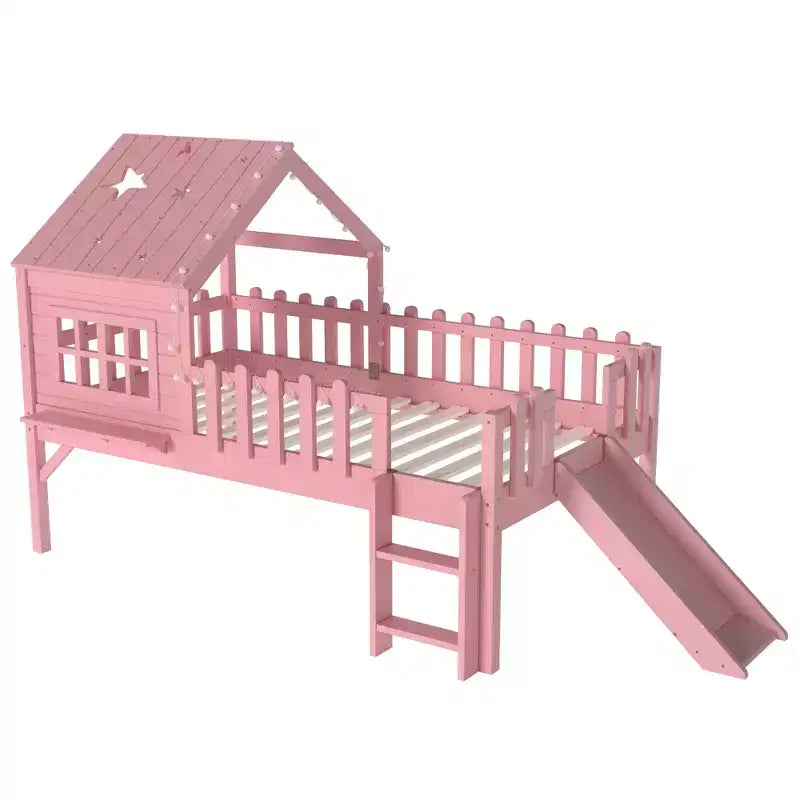 GDFStudio Flynn Modern Wooden House Loft Bed with Slide, Ladder, LED Roof Lights and Safety Rails