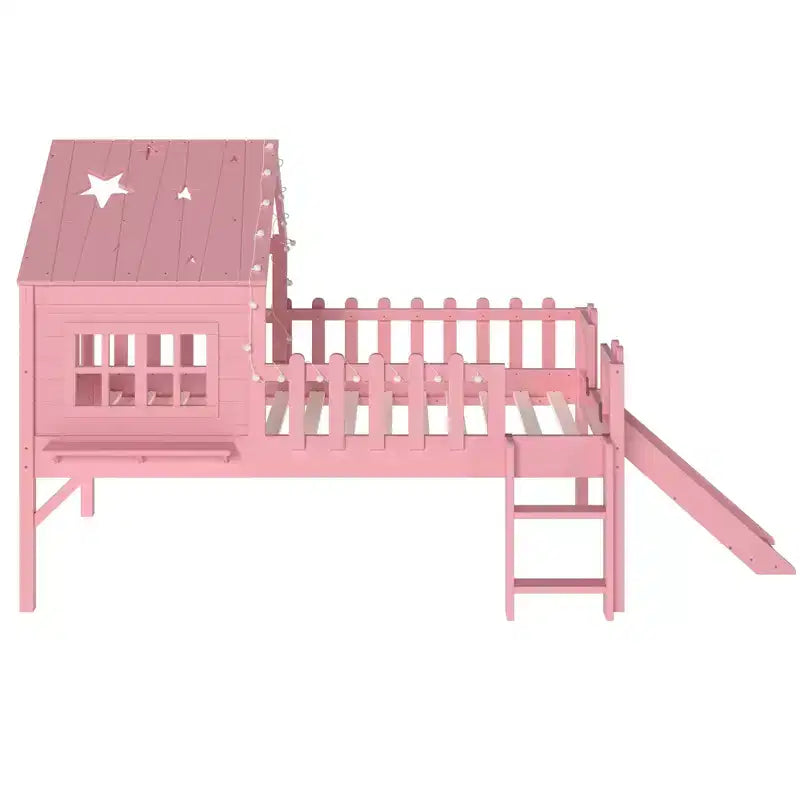 GDFStudio Flynn Modern Wooden House Loft Bed with Slide, Ladder, LED Roof Lights and Safety Rails