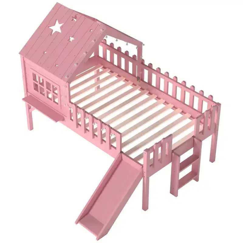 GDFStudio Flynn Modern Wooden House Loft Bed with Slide, Ladder, LED Roof Lights and Safety Rails