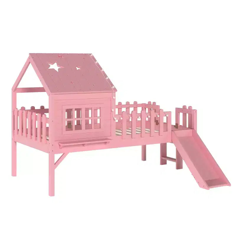 GDFStudio Flynn Modern Wooden House Loft Bed with Slide, Ladder, LED Roof Lights and Safety Rails