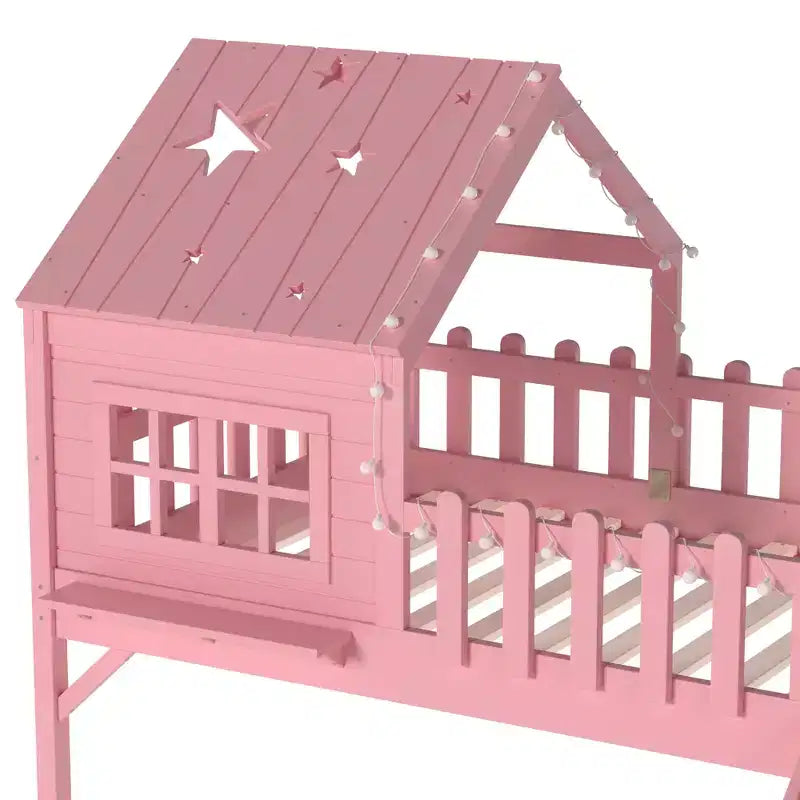GDFStudio Flynn Modern Wooden House Loft Bed with Slide, Ladder, LED Roof Lights and Safety Rails