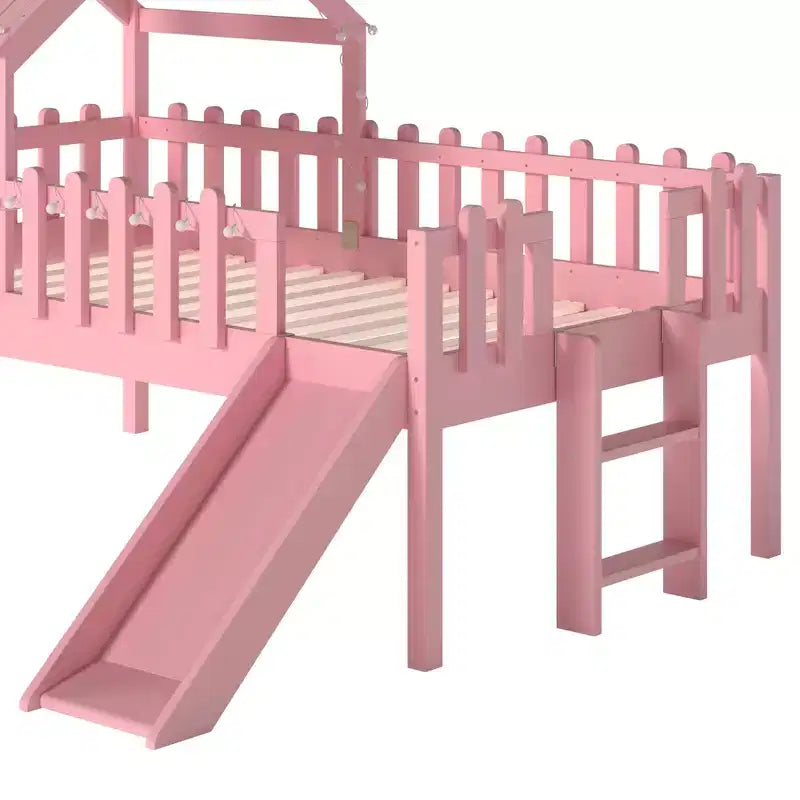 GDFStudio Flynn Modern Wooden House Loft Bed with Slide, Ladder, LED Roof Lights and Safety Rails