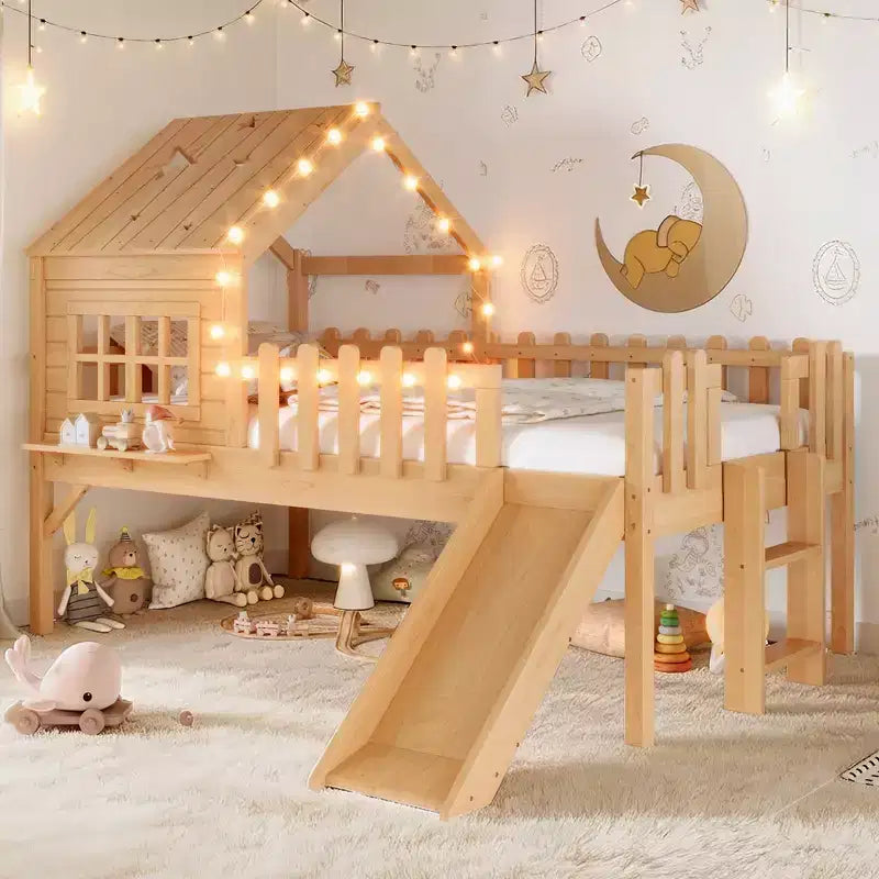 GDFStudio Flynn Modern Wooden House Loft Bed with Slide, Ladder, LED Roof Lights and Safety Rails